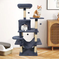 58 Inch Grey Cat Tree with Deep Upholstered Perch, Private Condo and Slung Hammock