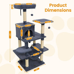 58 Inch Grey Cat Tree with Deep Upholstered Perch, Private Condo and Slung Hammock