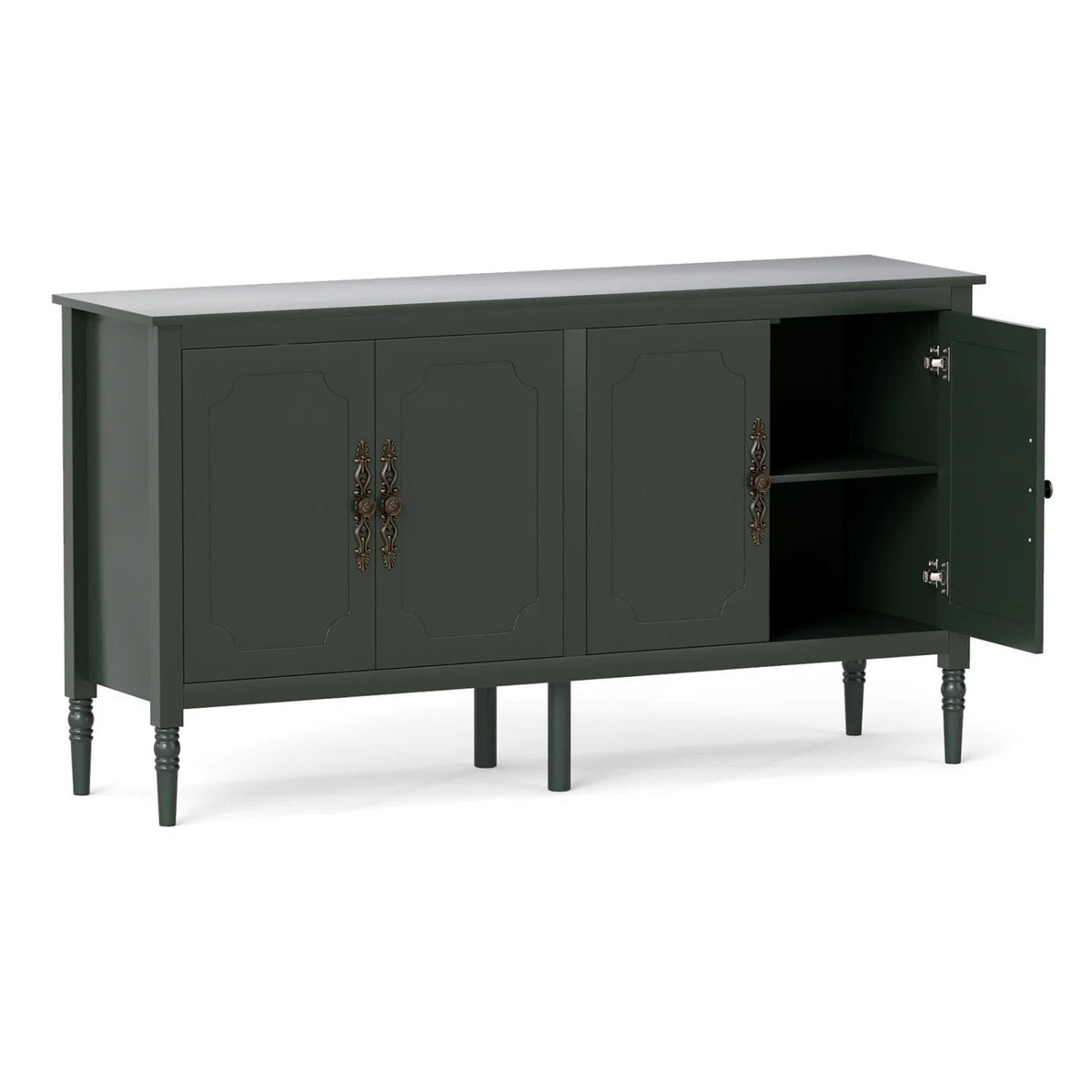 58 inches Vintage Buffet Cabinet with Pine Wood Legs and Adjustable Shelves for Kitchen-Green