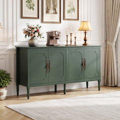 58 inches Vintage Buffet Cabinet with Pine Wood Legs and Adjustable Shelves for Kitchen-Green