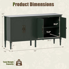 58 inches Vintage Buffet Cabinet with Pine Wood Legs and Adjustable Shelves for Kitchen-Green