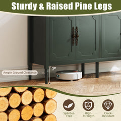 58 inches Vintage Buffet Cabinet with Pine Wood Legs and Adjustable Shelves for Kitchen-Green