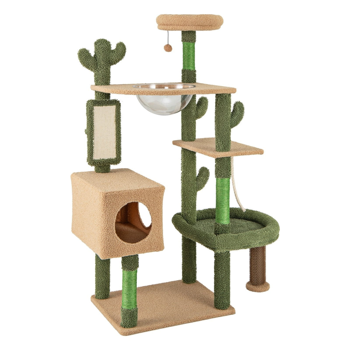 59 Inch Cactus Cat Tree with Space Capsule, Condo, Self Groomer and Sisal Mat, Green