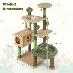 59 Inch Cactus Cat Tree with Space Capsule, Condo, Self Groomer and Sisal Mat, Green
