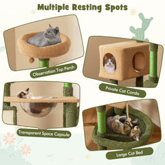 59 Inch Cactus Cat Tree with Space Capsule, Condo, Self Groomer and Sisal Mat, Green
