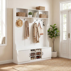 59 inches Wide 6-in-1 Hall Tree with Bench and Storage-White