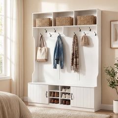 59 inches Wide 6-in-1 Hall Tree with Bench and Storage-White