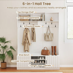 59 inches Wide 6-in-1 Hall Tree with Bench and Storage-White