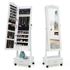 Rolling Floor Standing Mirrored Jewelry Armoire with Lock and Drawers-White