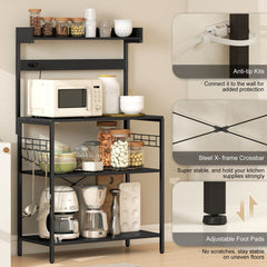 Kitchen Baker's Rack with Power Outlet, Coffee Bar Station with Adjustable Shelves and Hooks, Distressed Grey