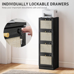 2 Drawer Filing Cabinet with Lock, Boho File Cabinet for A4 Letter Size Files with Decorative Rattan Accents, Oak