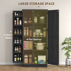 70" Tall Kitchen Pantry Cabinet with Door Shelves and Adjustable Shelves, Black Wood Grain