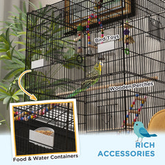 52" Bird Cage with Rolling Stand, Toys, for Budgies Canaries Black