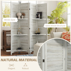 4-Panel Wall Partition Room Separator with 3 Storage Shelves Foldable Design Wooden Frame 5.6FT Distressed White