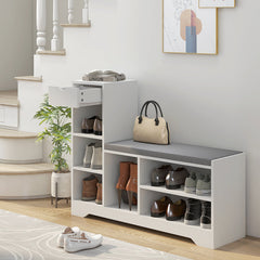 Upholstered Shoe Storage Bench w/ Seat, Entrance Bench w/ Drawer and 6 Open Shelves for Hallway, Grey