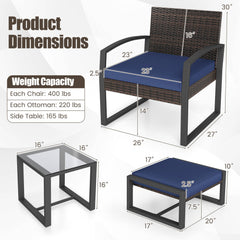 5 Piece Wicker Patio Chair Set with 2 Ottomans and Glass Side Table, Navy