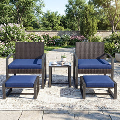 5 Piece Wicker Patio Chair Set with 2 Ottomans and Glass Side Table, Navy