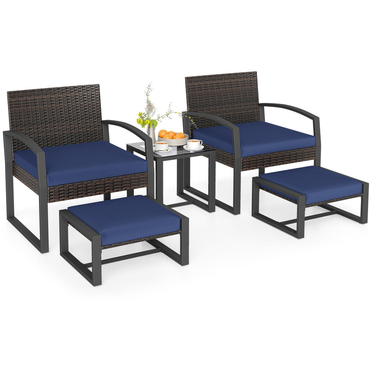 5 Piece Wicker Patio Chair Set with 2 Ottomans and Glass Side Table, Navy