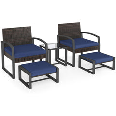 5 Piece Wicker Patio Chair Set with 2 Ottomans and Glass Side Table, Navy
