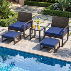 5 Piece Wicker Patio Chair Set with 2 Ottomans and Glass Side Table, Navy