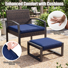 5 Piece Wicker Patio Chair Set with 2 Ottomans and Glass Side Table, Navy