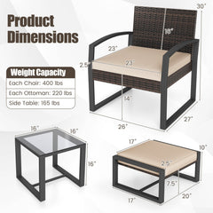 5 Piece Wicker Patio Chair Set with 2 Ottomans and Glass Side Table, Beige