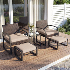5 Piece Wicker Patio Chair Set with 2 Ottomans and Glass Side Table, Beige