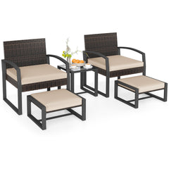 5 Piece Wicker Patio Chair Set with 2 Ottomans and Glass Side Table, Beige