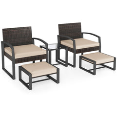5 Piece Wicker Patio Chair Set with 2 Ottomans and Glass Side Table, Beige