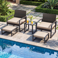5 Piece Wicker Patio Chair Set with 2 Ottomans and Glass Side Table, Beige