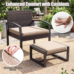 5 Piece Wicker Patio Chair Set with 2 Ottomans and Glass Side Table, Beige