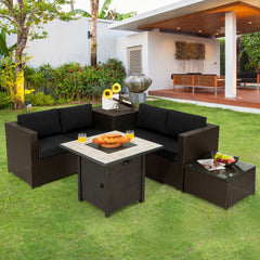 5 Piece Wicker Patio Conversation Set with 30 in Square Propane Fire Pit Table and Storage Box, Black