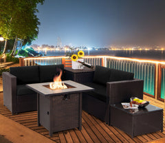 5 Piece Wicker Patio Conversation Set with 30 in Square Propane Fire Pit Table and Storage Box, Black