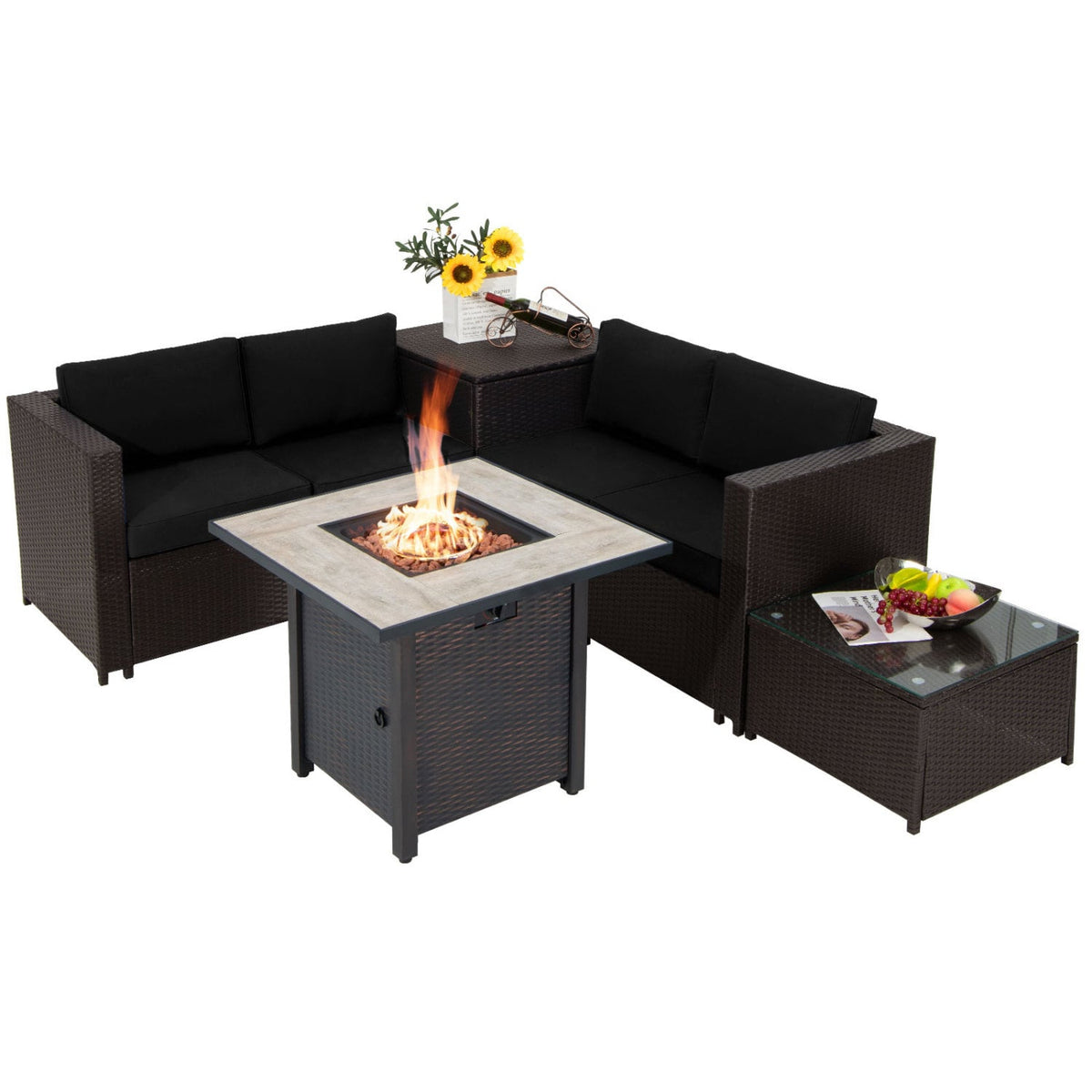 5 Piece Wicker Patio Conversation Set with 30 in Square Propane Fire Pit Table and Storage Box, Black