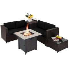5 Piece Wicker Patio Conversation Set with 30 in Square Propane Fire Pit Table and Storage Box, Black