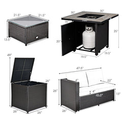 5 Piece Wicker Patio Conversation Set with 30 in Square Propane Fire Pit Table and Storage Box, Black