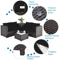 5 Piece Wicker Patio Conversation Set with 30 in Square Propane Fire Pit Table and Storage Box, Black