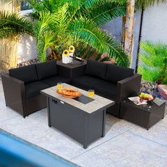 5 Piece Wicker Patio Conversation Set with 42 in Propane Fire Pit Table and Storage Box, Black