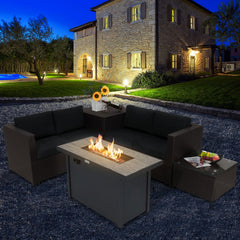 5 Piece Wicker Patio Conversation Set with 42 in Propane Fire Pit Table and Storage Box, Black