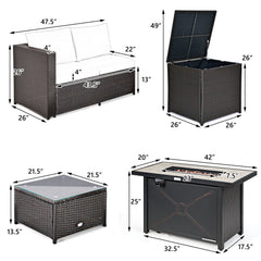 5 Piece Wicker Patio Conversation Set with 42 in Propane Fire Pit Table and Storage Box, Black
