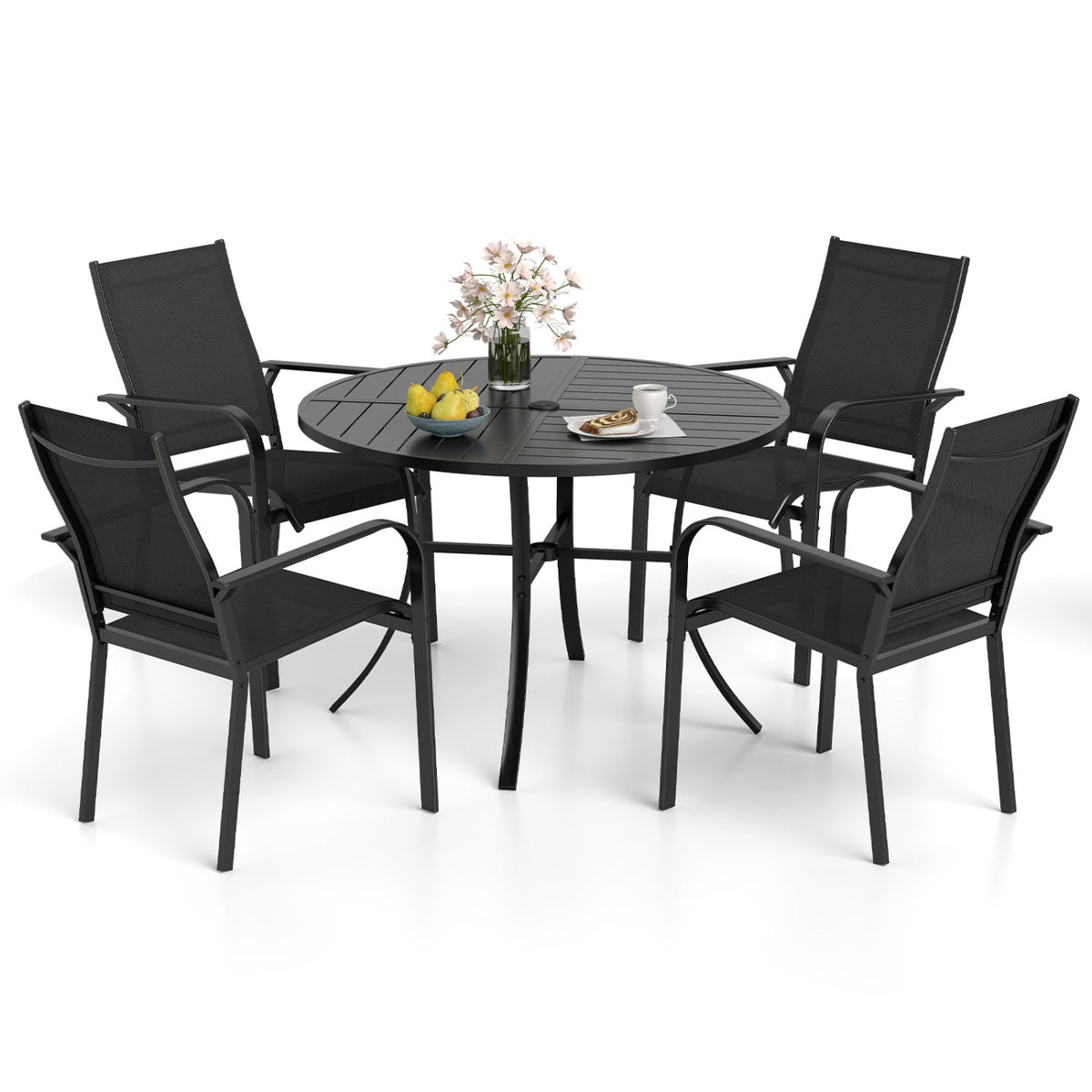 5 Piece Patio Dining Set for 4, 42.5 Inch Round Metal Table with Two Umbrella Adapters and 4 Stackable Mesh Chairs, Black