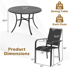 5 Piece Patio Dining Set for 4, 42.5 Inch Round Metal Table with Two Umbrella Adapters and 4 Stackable Mesh Chairs, Black
