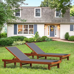 Set of 2 Eucalyptus Wood Chaise Lounges with Sling Seats, 79 in Each
