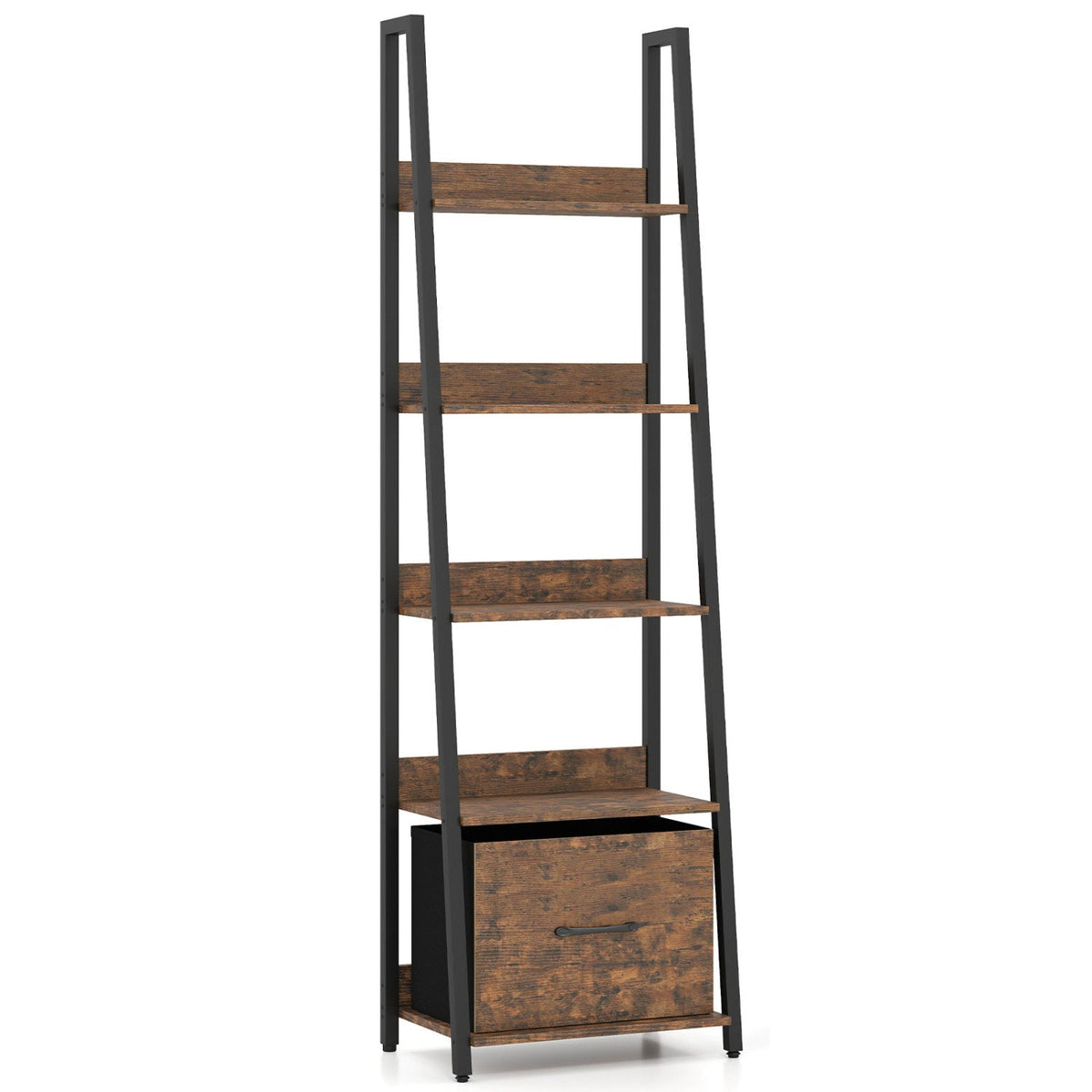 5-Tier Ladder Bookshelf with Fabric Drawer for Living Room and Home Office-Rustic Brown