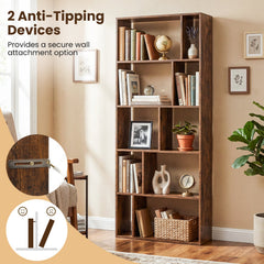 5-Tier Modern Bookshelf with Open Back and 2 Anti-Tipping Kits-Brown