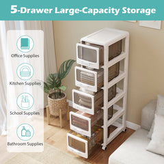 5-Tier Plastic Drawer Storage Organizer Rolling Cart with 3/4/5 Drawers and Lockable Wheels