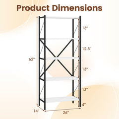 5-Tier Tall Bookshelf Industrial Bookcase with Heavy-Duty Metal Frame Modern Storage-White