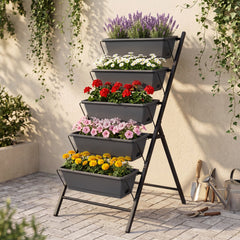 5-Tier Vertical Raised Garden Bed with Drainage System and Removable Trays for Vegetables-Black