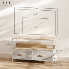 TV Stand with Charging Station, TV Table with 2 Foldable Linen Drawers and Open Shelf for 47 Inch Television, Black