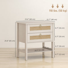 Set of 2 Boho Bedside Tables, Rattan Nightstands with 2 Drawers, Storage Shelf, End Side Tables for Bedroom, White Oak